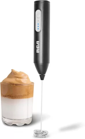 Espumador de Leche Eléctrico Recargable RCA Portátil de Acero Inoxidable para Café, Capuchino, Latte, Chocolate Caliente, Huevos, Mezclas, Ajustable con 3 Velocidades y USB, Color Negro, modelo RC-60