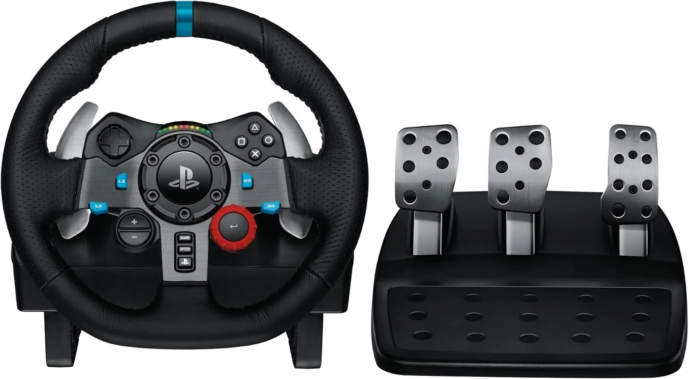 Logitech G29 Driving Force Volante de Carreras y Pedales, Force Feedback, Aluminio Anodizado, Palancas de cambio, Volante de Cuero, Pedales Ajustables, PS5, PS4, PS3 y PC - Negro