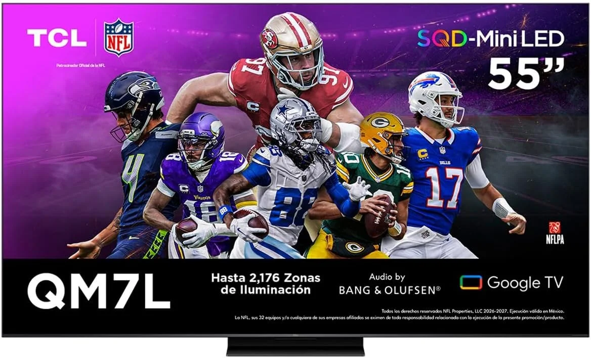 TCL 55QM7L Pantalla 55" SQD-MiniLED 4K Smart TV | 2800 Nits | 144Hz VRR |Sistema de Audio Bang and Olufsen 30W | Compatible con Alexa